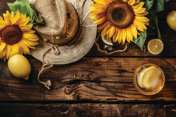 Summer image with a straw hat and sunflowers on a wooden background