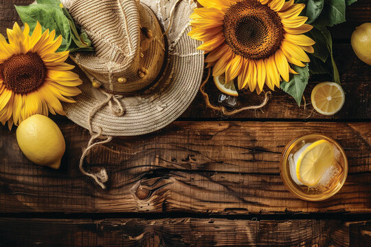Summer image with a straw hat and sunflowers on a wooden background