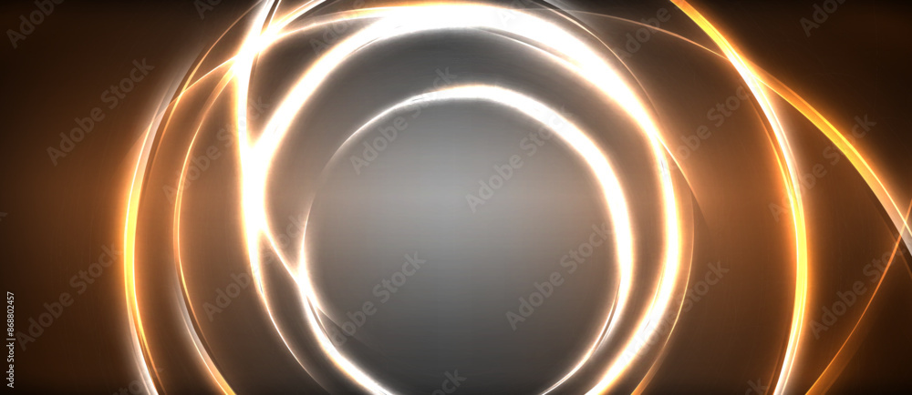 Poster neon glowing circle rays, light round lines in the dark, planet style neon wave lines. energetic ele