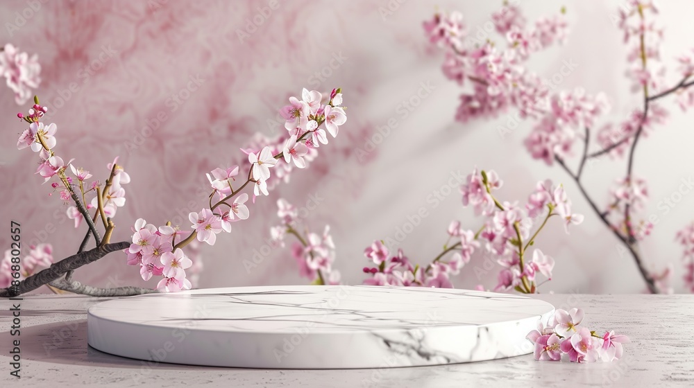 Sticker Round marble stone podium platform stand for product presentation and spring flowering Sakura branch with pink blossom flowers on neutral background