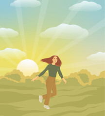 Sunset vector illustration with a girl