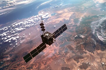 Obraz premium A satellite orbits Earth, capturing images of the planets surface. Generative AI