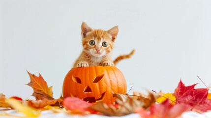 Obraz premium Orange tabby kitten peeking out of a carved pumpkin surrounded by autumn leaves. Concept of Halloween, fall season, cute pets, and festive decorations