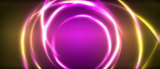 Neon glowing circle rays, light round lines in the dark, planet style neon wave lines. Energetic electric concept design for wallpaper, banner, background