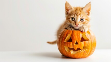 Adorable kitten peeking out of a carved pumpkin against a plain background. Concept of Halloween, cuteness, and festive pets