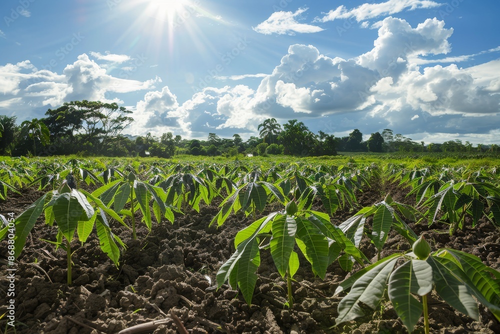 Poster Sunny day harvest at cassava plantation