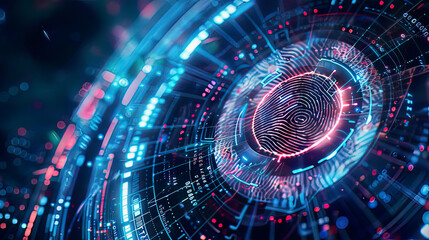 Fototapeta premium Digital fingerprint and iris scan, advanced biometric scanner, holographic patterns, detailed security interface, futuristic tech background, high contrast lighting