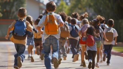 group of school children running to school. back to school concept