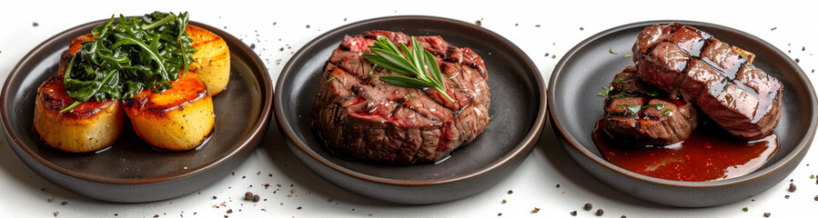 steak dishes on black plates, top view isolated on a white background, photorealistic and detailed in the style of hyperrealism for food photography with a professional lighting setup.