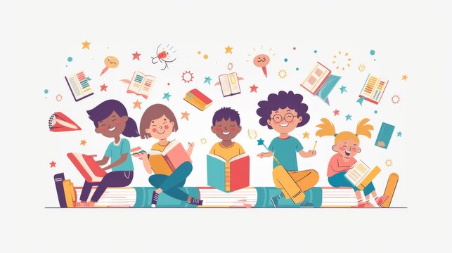 school children studying together illustration