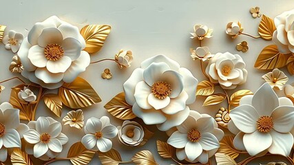 White flowers with golden leaves on white background. White and golden luxury 3d floral background - Powered by Adobe