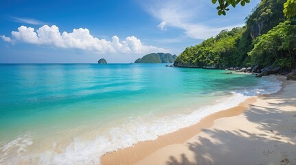 blue sky sea and white waves on beach near the rocks during summer