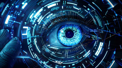 Digital iris scan for biometric security, detailed biometric interface, glowing holographic elements, sleek futuristic design