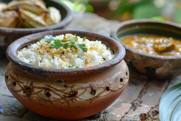 Tapioca root cooked with coconut in Kerala India served with fish curry