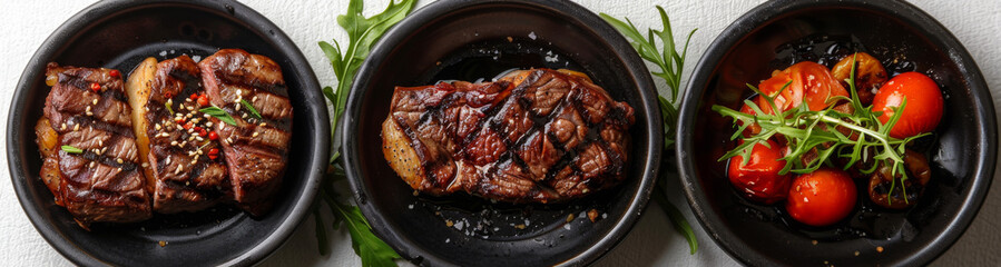 steak dishes on black plates, top view isolated on a white background, photorealistic and detailed in the style of hyperrealism for food photography with a professional lighting setup.