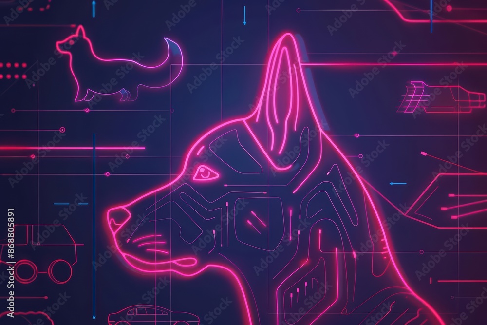 Poster clean cyber banner showcasing digital pet icons with sleek lines and glowing elements with copy spac
