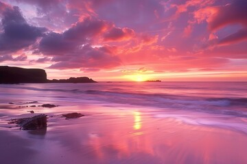 Fototapeta premium A stunning sunrise over a calm beach with pink clouds reflected in the water. Generative AI