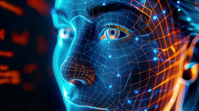 Face recognition for biometric security, detailed patterns, glowing digital interface, sleek modern design 