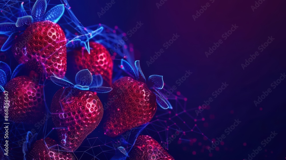 Poster clean cyber banner showcasing digital fruit with sleek lines and glowing elements with copy space