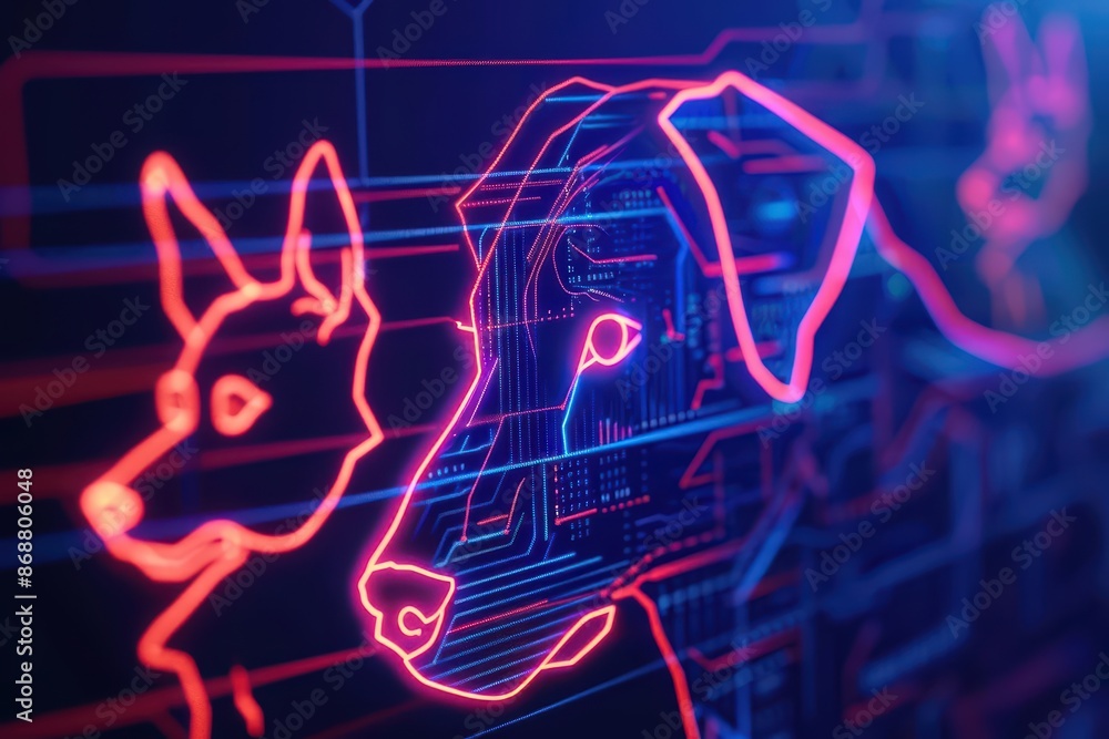 Poster clean cyber banner showcasing digital pet icons with sleek lines and glowing elements with copy spac