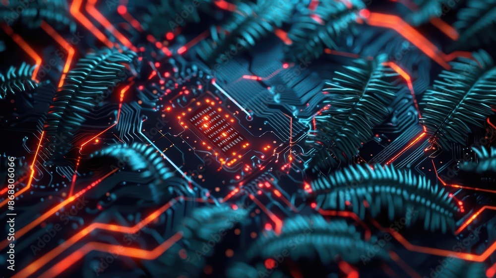 Poster clean cyber banner showcasing digitally destroyed nature with sleek lines and glowing elements with 
