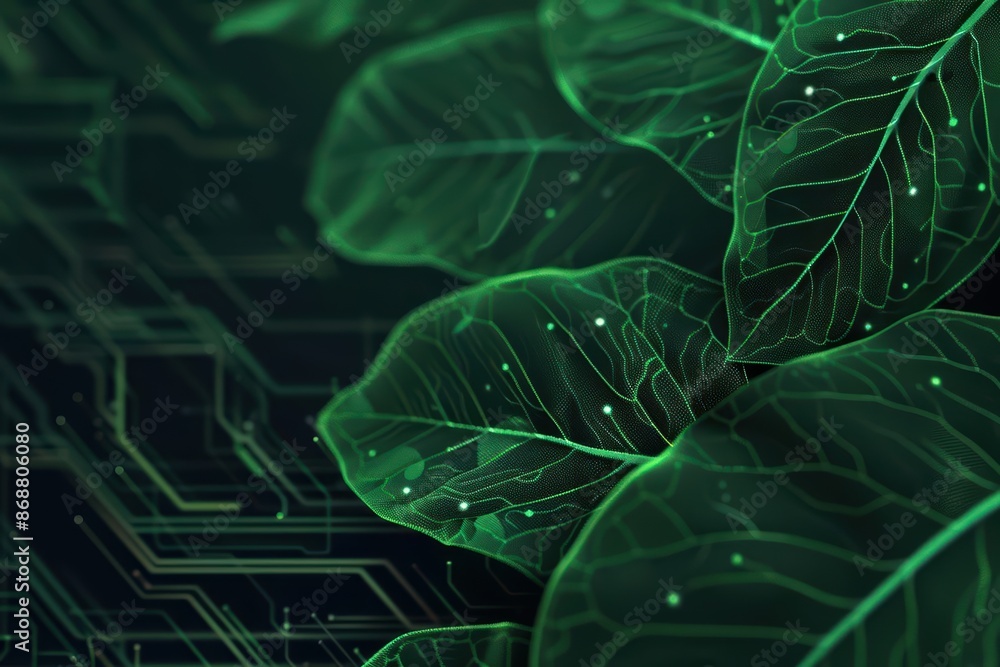 Poster clean cyber banner showcasing a leaf splash with sleek lines and glowing elements with copy space