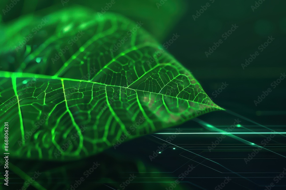 Poster clean cyber banner showcasing a leaf splash with sleek lines and glowing elements with copy space
