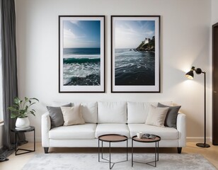 Modern Scandinavian living room interior with pastel accents and wooden furniture displaying vertical frame mockups