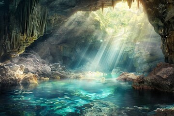 A tranquil underwater cave illuminated by sunlight filtering through the opening. Generative AI