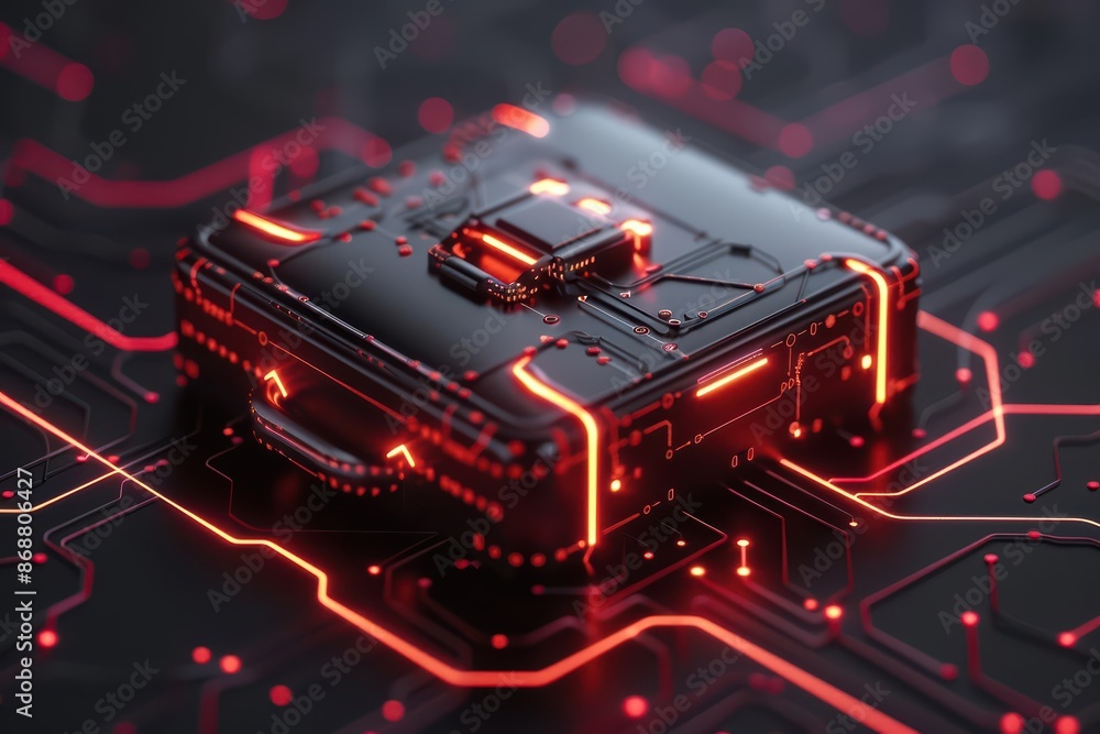 Poster clean cyber banner showcasing a digital briefcase with sleek lines and glowing elements with copy sp