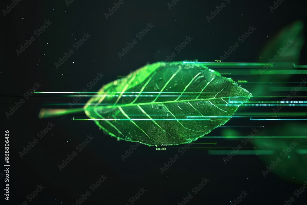 Poster clean cyber banner showcasing a leaf splash with sleek lines and glowing elements with copy space