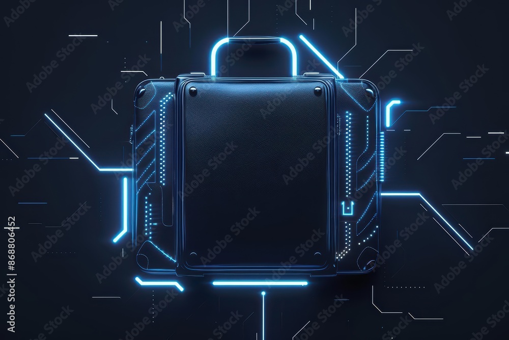 Poster clean cyber banner showcasing a digital briefcase with sleek lines and glowing elements with copy sp