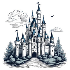 Fototapeta premium Castle Illustration with Towering Turrets Engraved Illustration