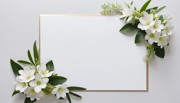 Romantic floral wedding invitation card with white background and top view photography