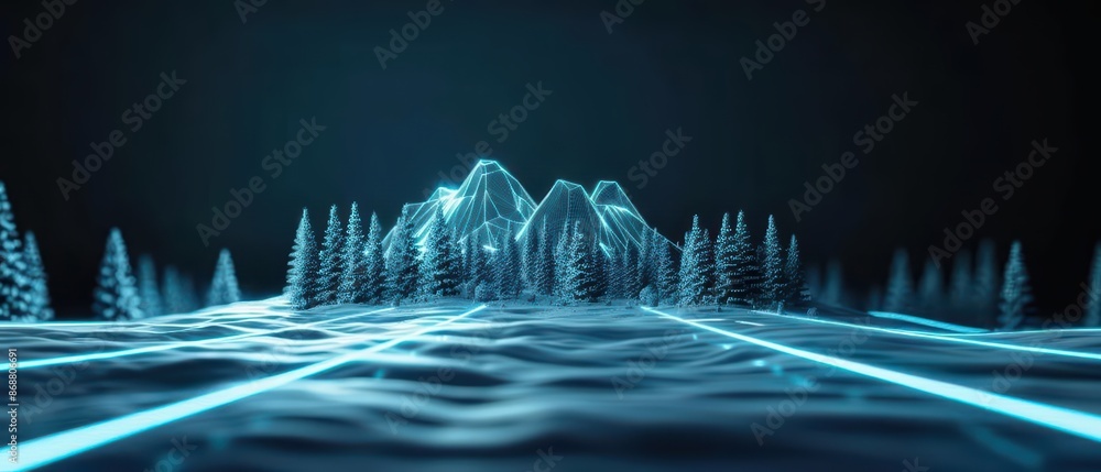 Poster clean cyber banner showcasing a digital winter scene with sleek lines and glowing elements with copy