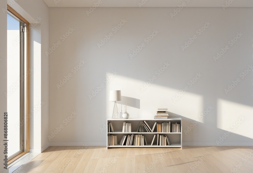 Poster clean and minimalistic bookshelf design with natural sunlight illuminating the room