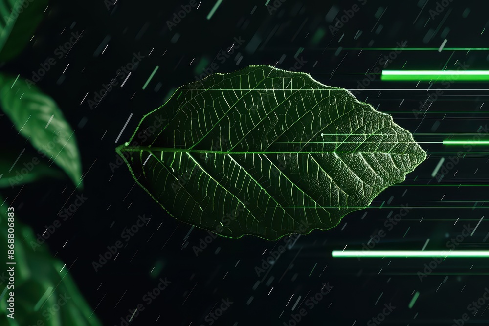 Poster clean cyber banner showcasing a leaf splash with sleek lines and glowing elements with copy space