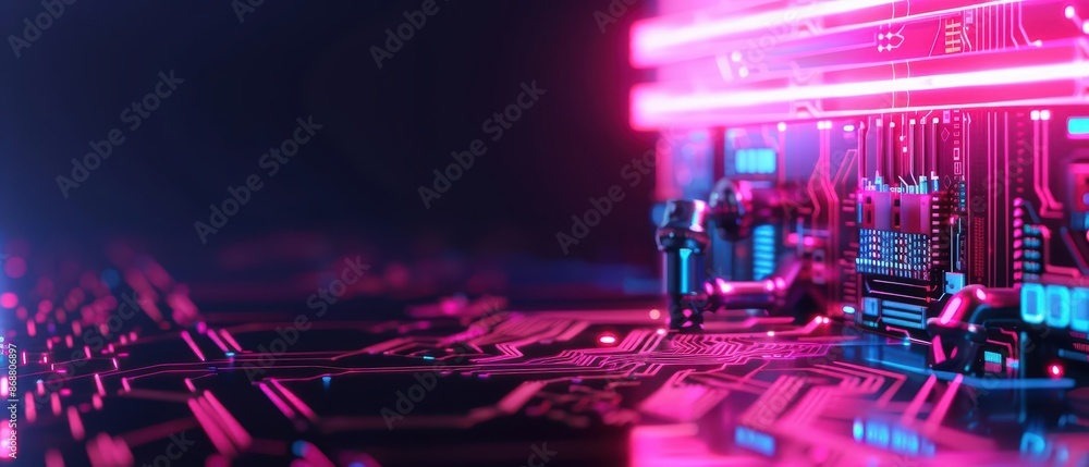 Poster clean cyber banner showcasing a digital cafe with sleek lines and glowing elements with copy space