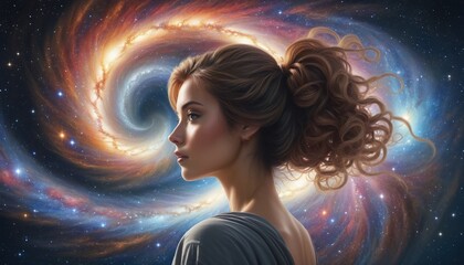 Celestial Beauty: A Mesmerizing Woman with Auburn Hair, Lost in the Glamour of the Milky Way Galaxy