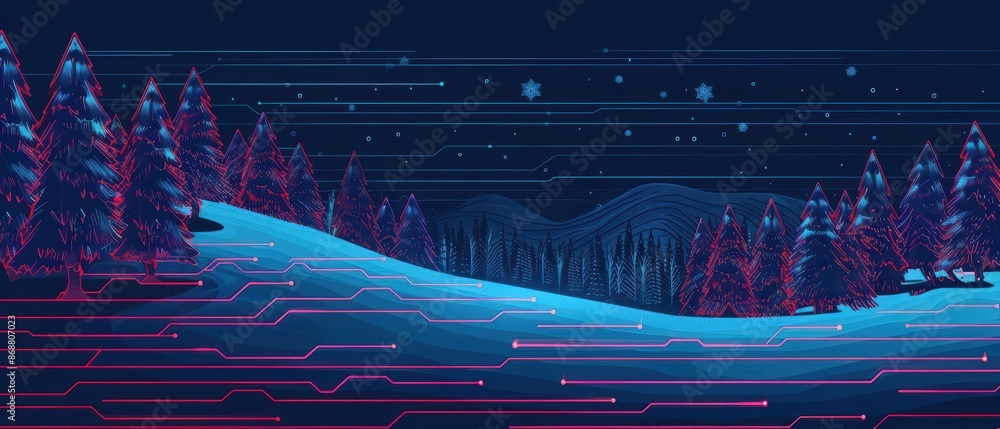 Poster clean cyber banner showcasing a digital winter scene with sleek lines and glowing elements with copy