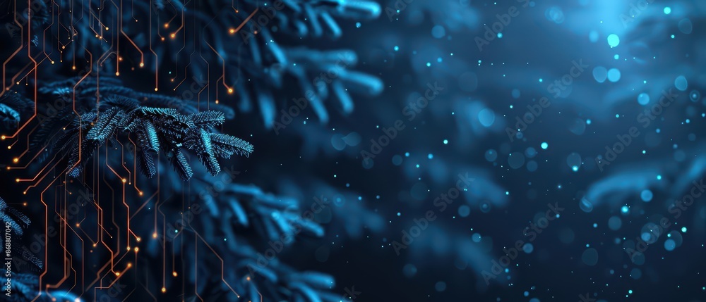 Poster clean cyber banner showcasing a digital winter scene with sleek lines and glowing elements with copy