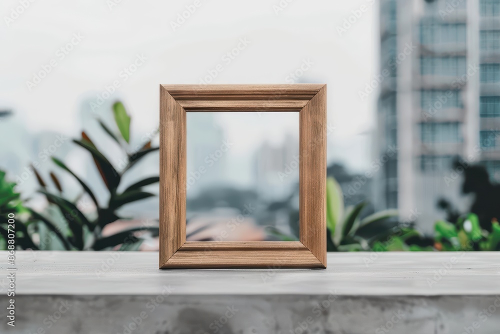 Poster clean cyber banner showcasing an empty wooden frame with a nature background in a cityscape with cop