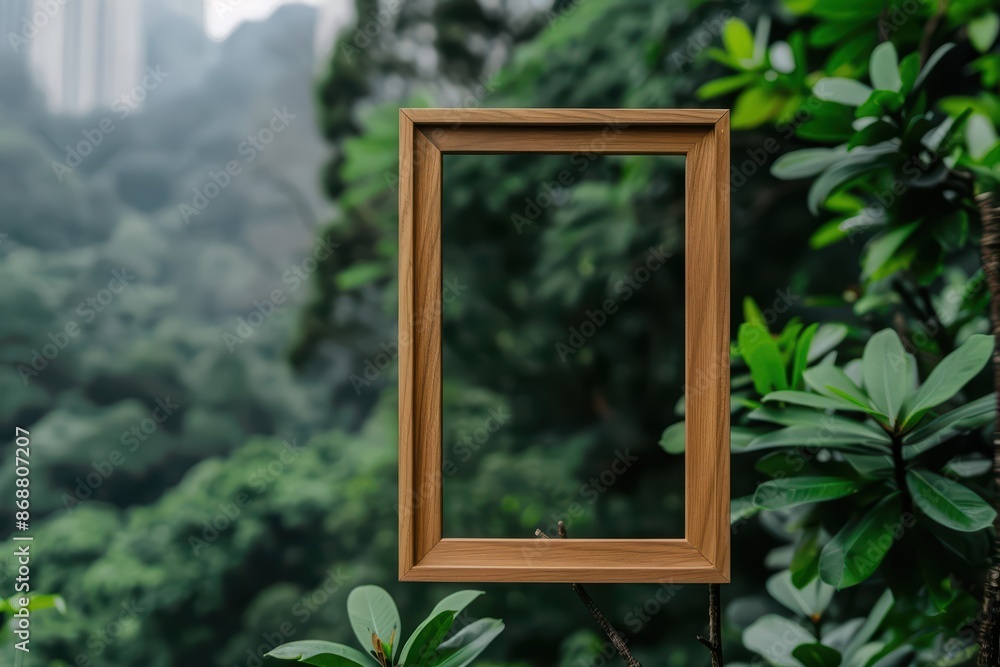 Poster clean cyber banner showcasing an empty wooden frame with a nature background in a cityscape with cop
