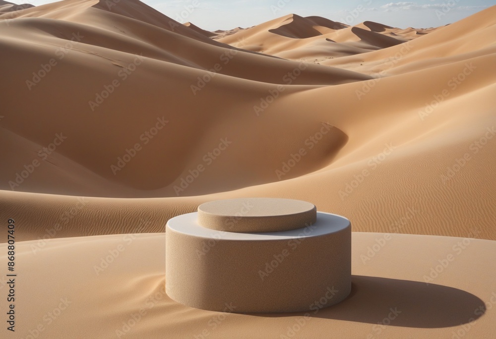 Poster minimalist 3d render of an empty stone podium with copy space, showcasing a beautiful desert dune la