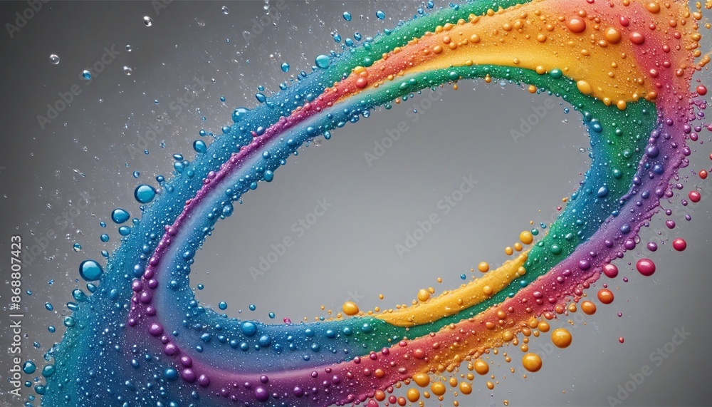 Poster abstract rainbow-colored water drops and bubbles creating a dynamic motion frame on a white backgrou