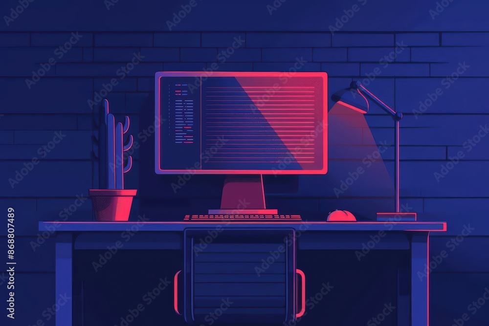 Poster conceptual minimal banner featuring a cyber office theme with dynamic digital components with copy s