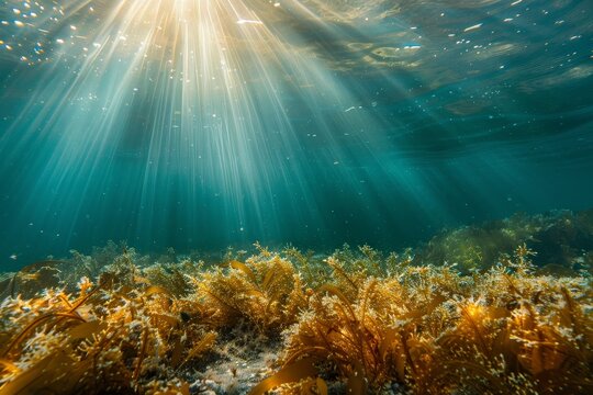 Underwater ocean scene in Spain with brown seaweeds