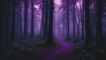 Obraz premium Enchanted night scene in a mysterious fantasy forest with eerie purple glowing lights