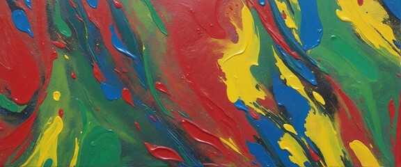 Vibrant and creative abstract painting with bold brushstrokes and splashes of yellow, green, red, and blue on textured canvas surface