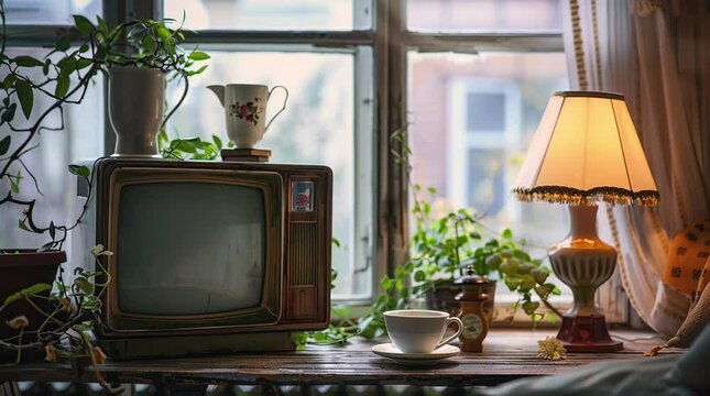 Vintage room ambiance with TV and lamp, nostalgic interior scene
 Seamless looping 4k time-lapse virtual video animation background. Generated AI
